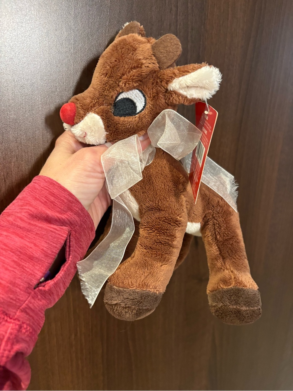Plush Brown Reindeer Stuffed Animal with Red Nose and Silver Bow